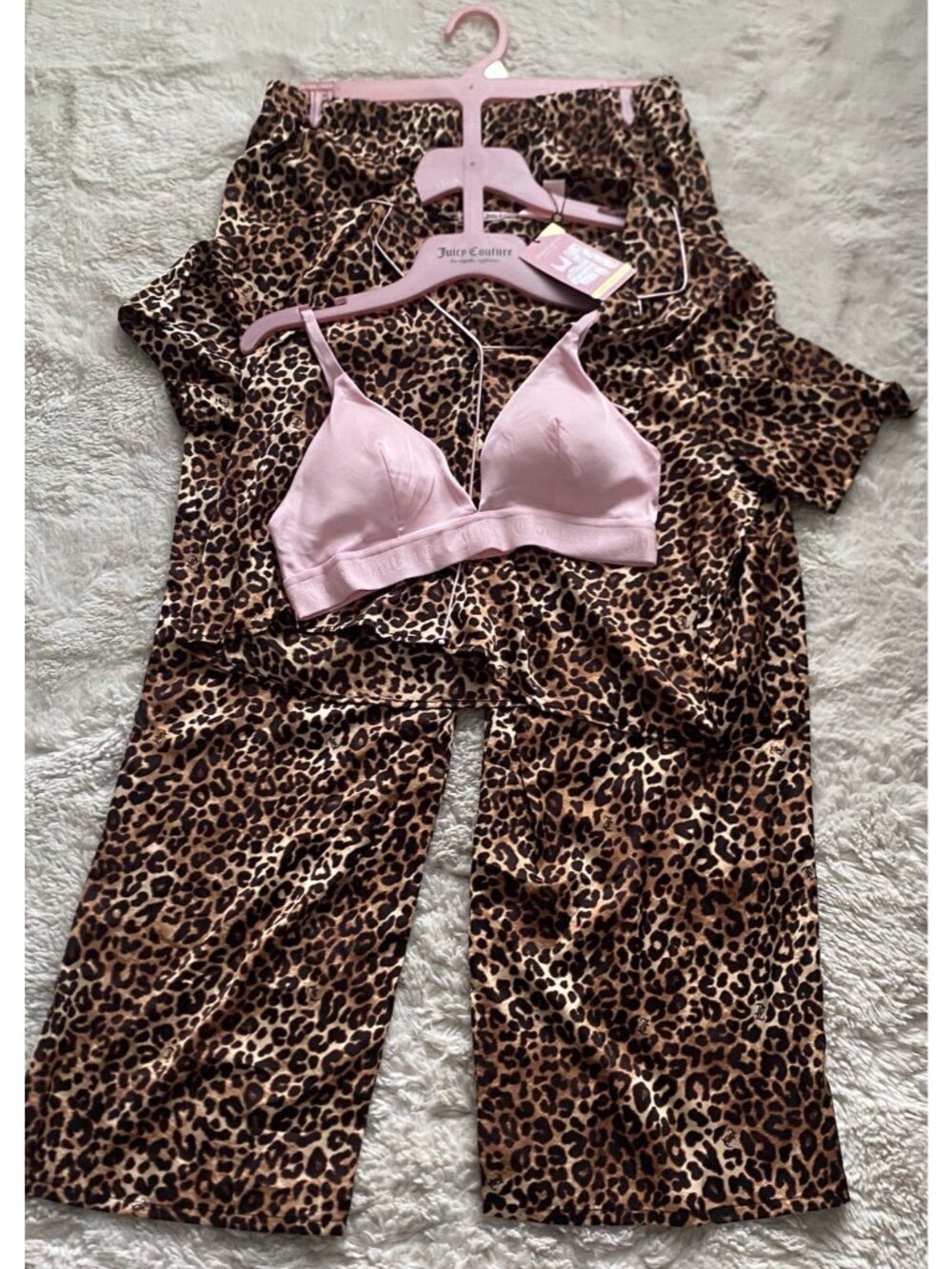 3 Piece Juicy Couture Pajama Set Animal Print Soft Satin Leopard Women’s Sz L